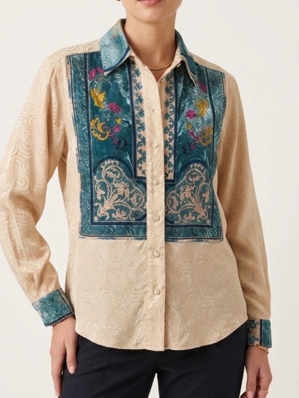 Howard Wolf Vintage Chic Beige and Teal Patterned Blouse
